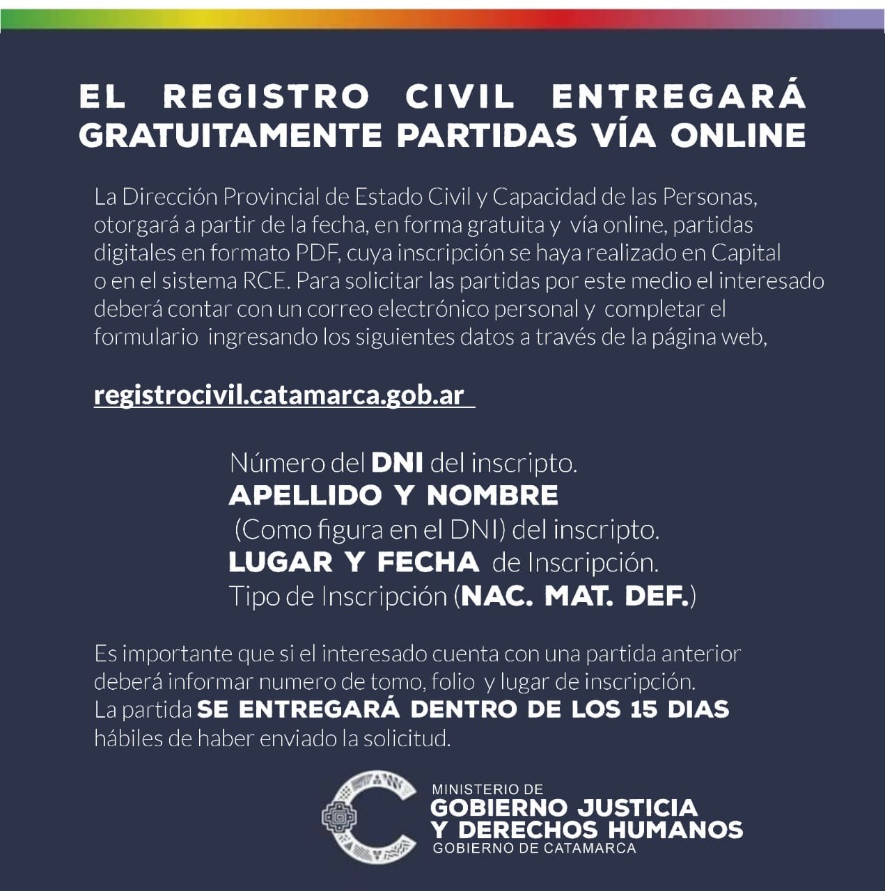 El Registro Civil entregará gratuitamente partidas online