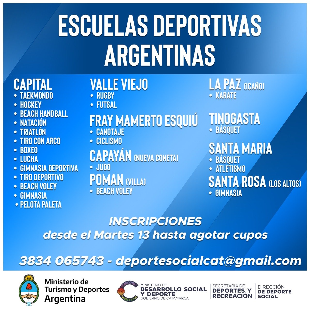 Inscripciones abiertas para las Escuelas Deportivas Argentina